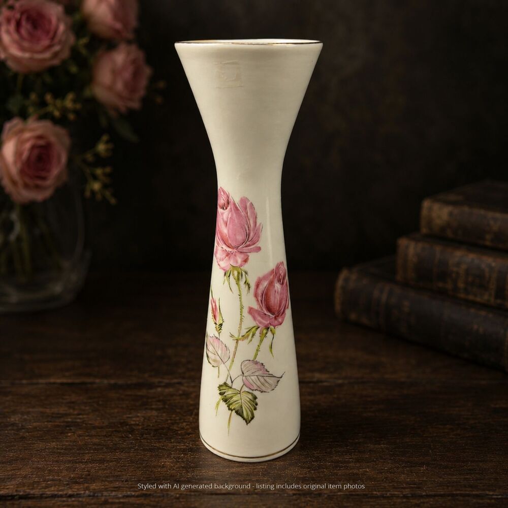 Vintage German Porcelain Bud Vase Pink Rose Floral Gold Trim Creamy White 9.25"